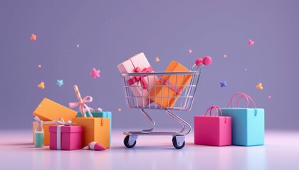 Colorful Shopping Cart Filled with Gifts Surrounded by Festive Decorations in a Playful and Lively Atmosphere