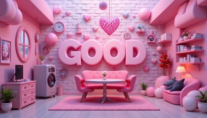 Cozy and Charming Pink Room with Heart Decor and Whimsical Furniture for a Dreamy Atmosphere