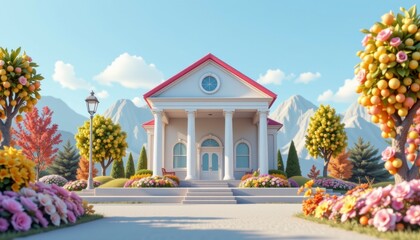 Beautifully Designed Residential House Surrounded by Vibrant Flowers and Lush Trees Under a Clear Blue Sky in a Scenic Landscape