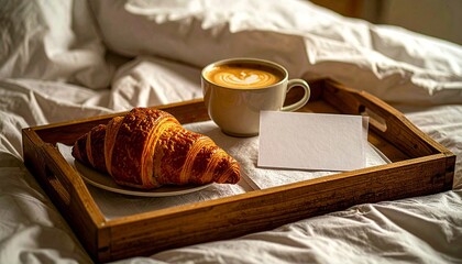 Desayuno en cama sobre bandeja de madera: café, croissant, una nota escrita a mano que dice ‘Feliz Día Papá’