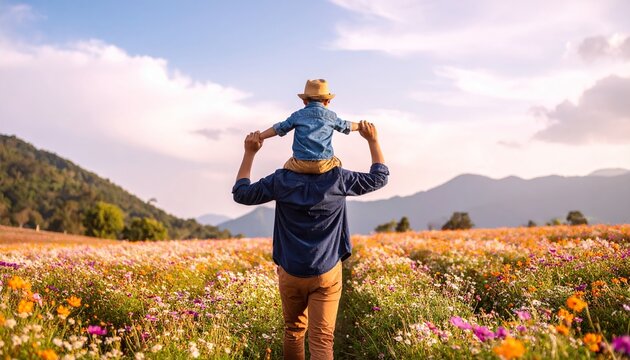 Padre cargando a su hijo peque&ntilde;o sobre los hombros mientras caminan por un campo abierto lleno de flores silvestres, ambos de espaldas con ropa casual, luz natural c&aacute;lida de la tarde, cielo parcialmen