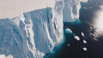 Aerial view of Antarctica's icy coastline with dramatic glaciers meeting the deep blue ocean, vast copy space for text overlay. Polar landscape, climate change, global warming and environmental conser