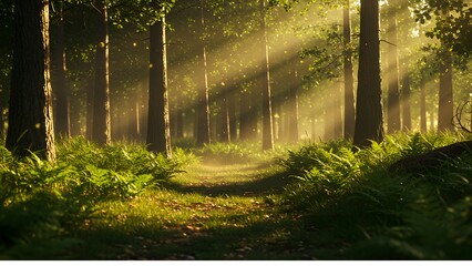 A serene forest path bathed in golden morning light with rays of sunshine streaming through tall trees, creating a calming and picturesque woodland scene