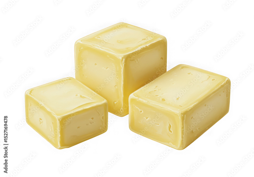 Poster three cubes of butter isolated on transparent background
