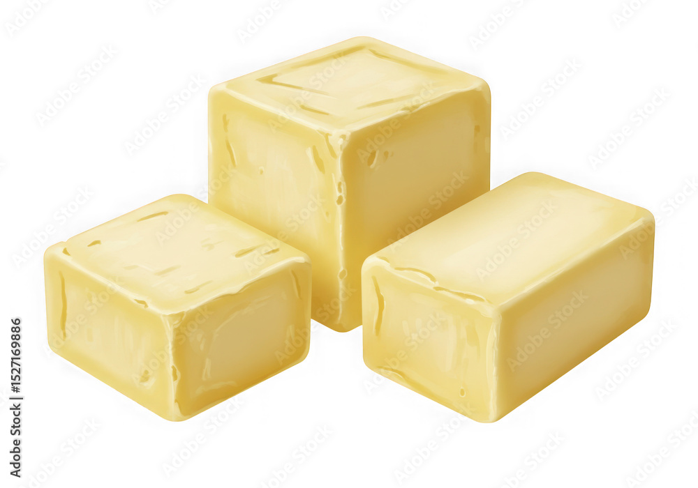Poster three cubes of butter isolated on transparent background