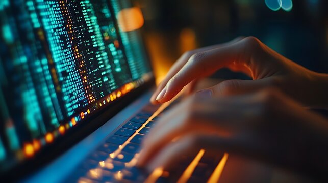 Coding on Laptop with Glowing Code and Hands Typing on Keyboard in Dark - Powered by Adobe