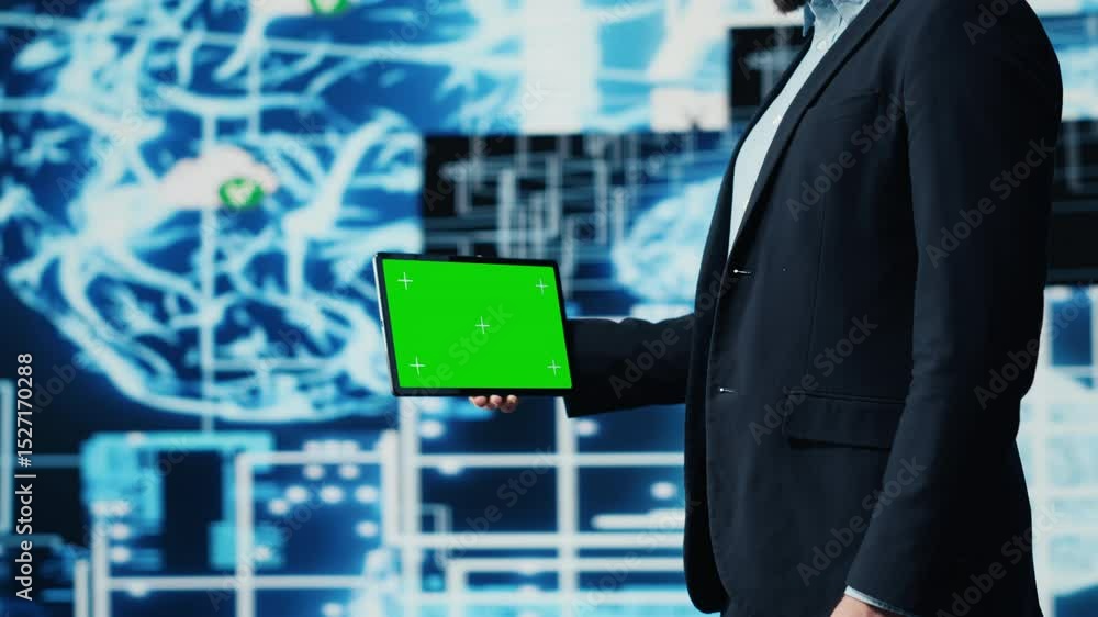 Poster business ai expert holding green screen on device next to brain animation, ensures implementing neur