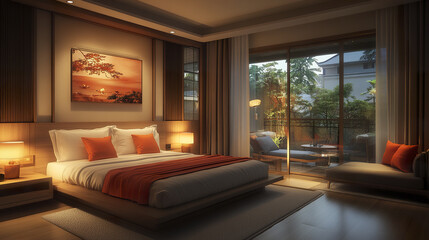 modern, comfortable interior featuring cozy bedroom with warm lighting and elegant decor