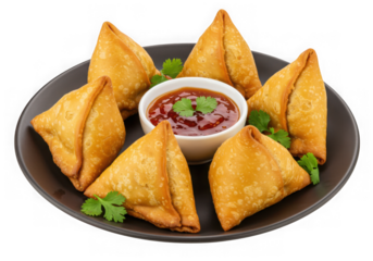 Six samosas with spicy dipping sauce isolated on transparent background