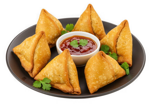 Six samosas with spicy dipping sauce isolated on transparent background