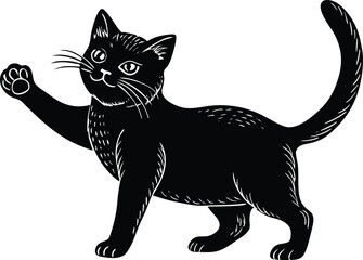 Playful Black Cat Silhouette with Raised Paw in Engraved Vintage Style