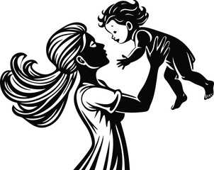 Mother Holding Child Silhouette, Loving Mom and Baby Black and White Vector Art