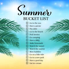 Summer bucket list. Funny things to do checklist. Seasonal activity planner page. Vacations wish list. Easy to edit vector template. © Vera
