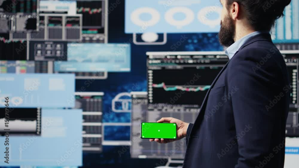 Poster executive manager with copy space display looks at performance metrics, finance graphs and strategy 