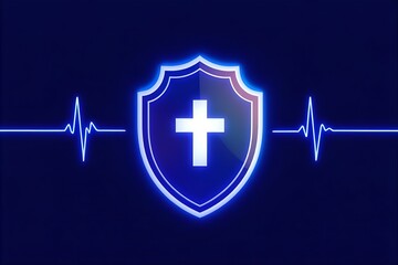 Obraz premium Christian Health Shield: Neon Cross, Heartbeat Line Art - Faith-Based Healthcare Protection, Religious Medical Symbol, Blue Graphic Design