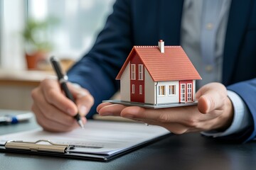 Fototapeta premium House model with real estate agent and customer discussing for contract to buy house, insurance or loan real estate background. Businessman negotiate or discussing financial home investment deal
