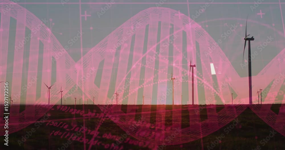 Poster sun dipping below horizon activating pulsing helix overlaying wind turbines shifting annotations