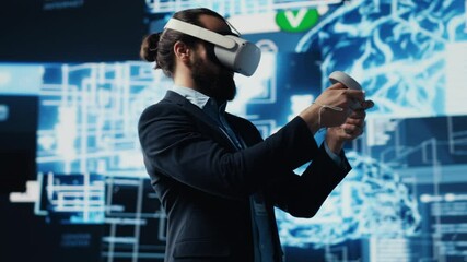 Modern businessman uses virtual reality gadget next to neural network system, using cybernetics and robotics for deep learning concept. AI brain automation tools for development. Camera A. - Powered by Adobe