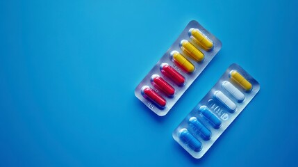 Two blister packs of colorful capsules on a blue background.