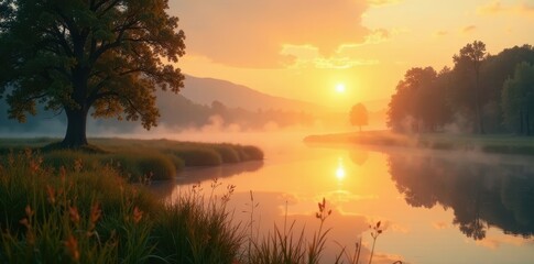 Obraz premium Golden sunrise paints misty river, reeds, tree silhouettes , golden, sunrise