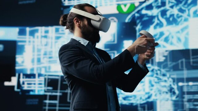 Modern businessman uses virtual reality gadget next to neural network system, using cybernetics and robotics for deep learning concept. AI brain automation tools for development. Camera A. - Powered by Adobe