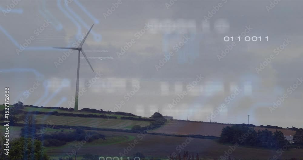 Poster solitary wind turbine rotating, initiating circuitry sending glowing binary digits across fields