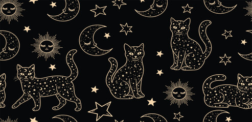 Celestial cat seamless pattern. Golden starry cats repeat background. Mystery stars, sun, moon on the black. Magic sky textile design, fabric, wallpaper. Minimal line art.