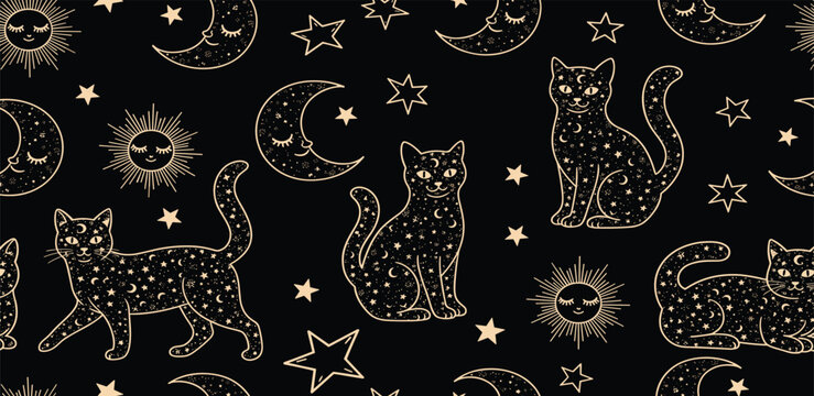 Celestial cat seamless pattern. Golden starry cats repeat background. Mystery stars, sun, moon on the black. Magic sky textile design, fabric, wallpaper. Minimal line art.
