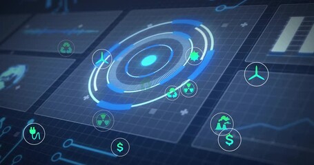 Central ring brightening and rotating clockwise, icons fading into orbit to visualize eco finance - Powered by Adobe