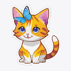 Obraz premium Cute cartoon kitten with butterfly on head, drawn in bright color with big eyes and sweet expression.