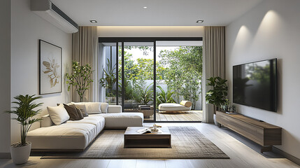 Fototapeta premium modern Scandinavian living room featuring cozy sofa, large windows, and greenery