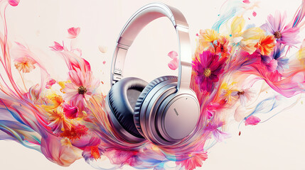 Colorful Music Expression with Headphones and Floral Art
