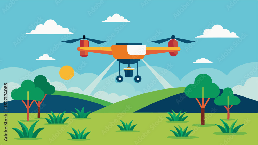 Poster an aerial drone conducting a flyover of a grazing field collecting data on vegetation health and fee