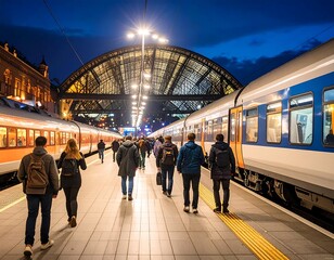 Crowded train station platform at night