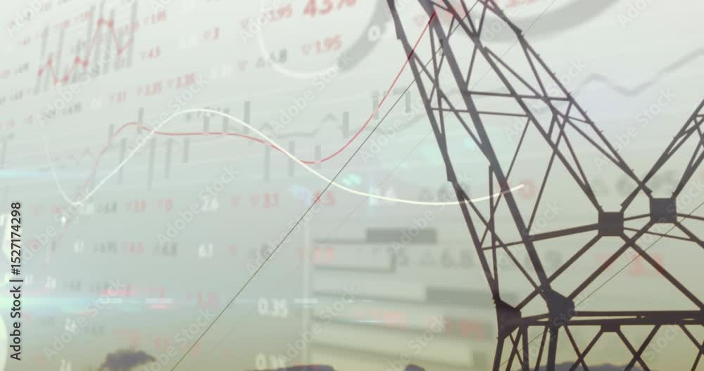 Aufkleber on start tower rising while white red line graphs animating and visualizing energy data