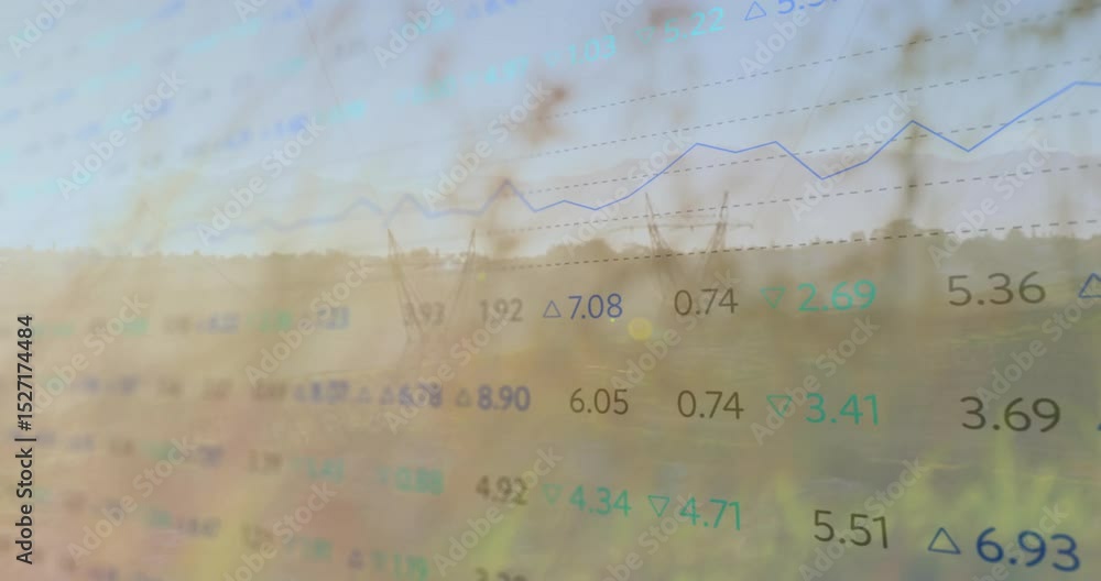 Poster upon grid lines appearing over field, data fading and updating, line graph tracing market changes