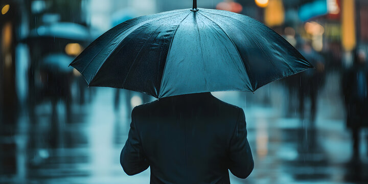 Under the Umbrella's Veil: A man in a suit walks in rain, sheltered by a large umbrella. The bustling city streets blur in the background. A snapshot of urban life under inclement weather.