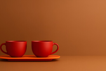 Red Cups in a Cozy Composition: Two minimalist red coffee cups and a saucer on a brown background evoke warmth and connection.