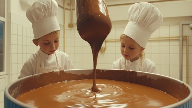 Children chefs pouring melted chocolate