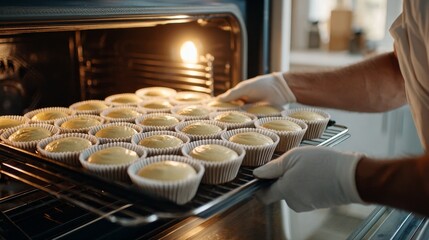 Soft kitchen light and oven glow merge as a white tray with cupcake batter is gently placed inside. The oven door is open. A young Korean man’s arm is partly seen from the side.