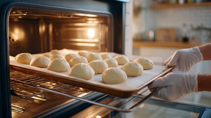 A close-up of a warmly lit oven as a man in a white shirt carefully places a tray of smooth cupcake batter into the oven.