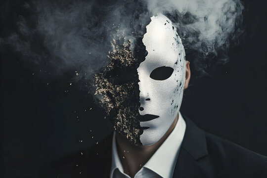 Man with smoke and mask, symbolizing identity crisis and inner conflict.