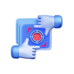 3D icon of hands making a zooming gesture over a target symbol. For detailed analysis, research focus, strategic targeting, and investigative precision.