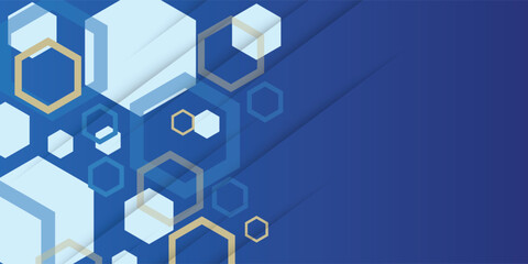 Vector Abstract, science, futuristic, energy technology concept. Digital image of polygon overlap, golden stripes lines with blue light, speed and motion blur over dark blue background