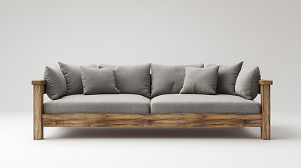 Fototapeta premium Modern sofa with wooden frame and gray cushions, perfect for stylish interiors