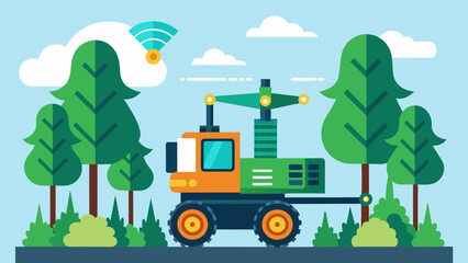 A robotic harvester uses advanced sensors and machine learning algorithms to select and down mature trees with precision minimizing damage to surrounding vegetation.. Vector illustration