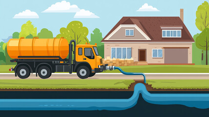 Septic tank truck emptying residential waste system