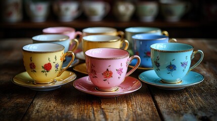 Colorful floral teacups on wooden table