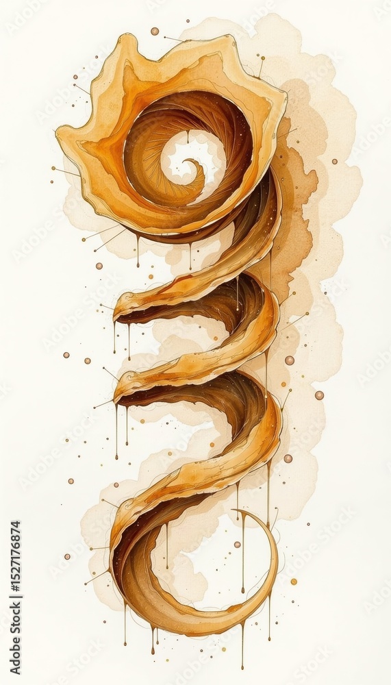 Poster abstract spiral resembling a wooden shell with earthy tones, featuring intricate layers and a flowin