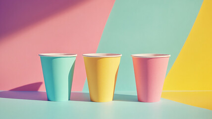 Three Colorful Paper Cups on Gradient Background